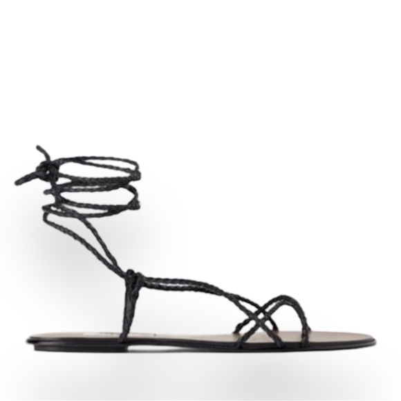 Black Zara Braided Leather Flat Tie Up Sandals Women’s Size 7.5 - Picture 4 of 12